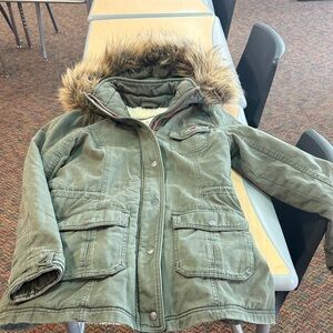 Hollister Olive Green Puffer Jacket with Faux Fur Hood